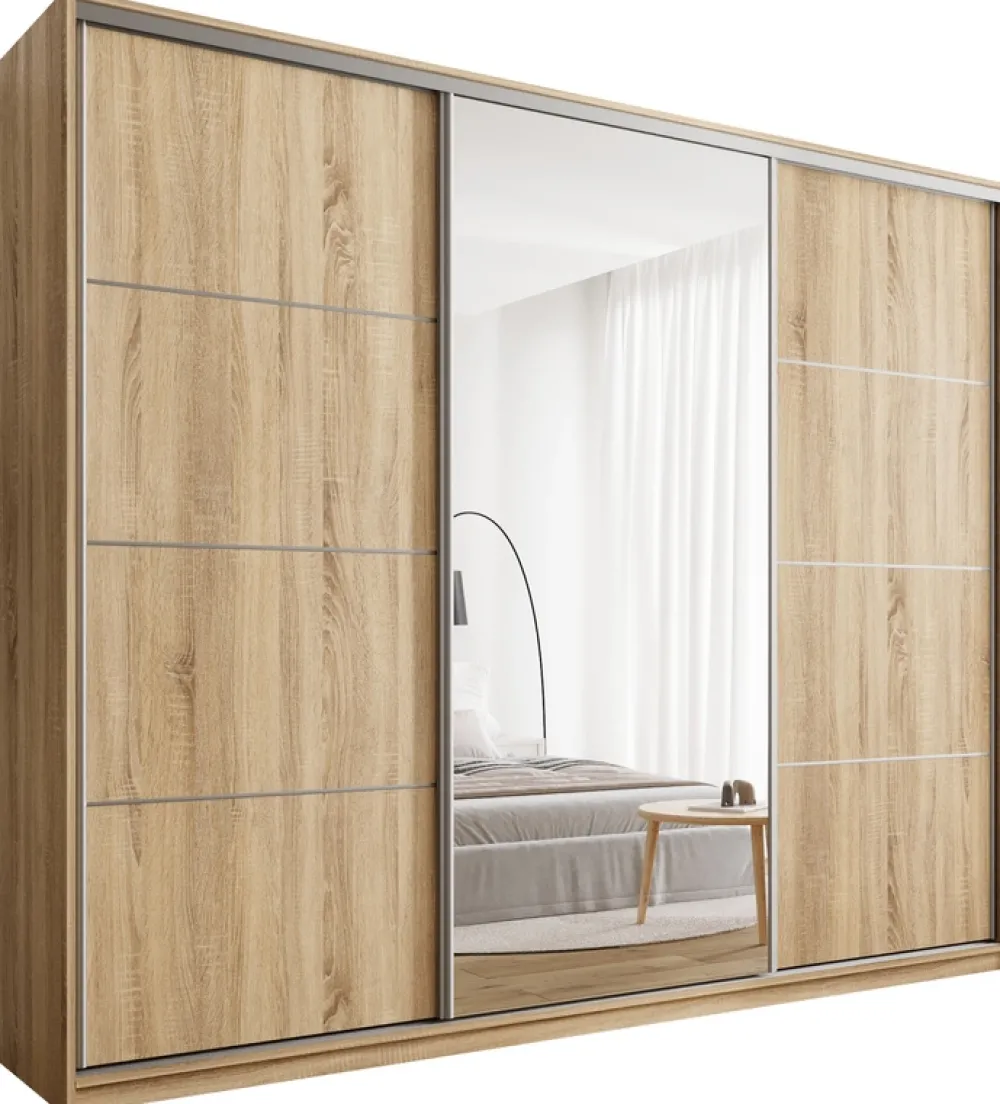 Szafy Trzydrzwiowe|Szafy Do Przedpokoju>BROMARKT Duża szafa przesuwna z lustrem do sypialni 250 cm TOP MAX dąb sonoma