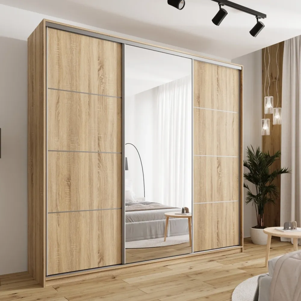 Szafy Trzydrzwiowe|Szafy Do Przedpokoju>BROMARKT Duża szafa przesuwna z lustrem do sypialni 250 cm TOP MAX dąb sonoma