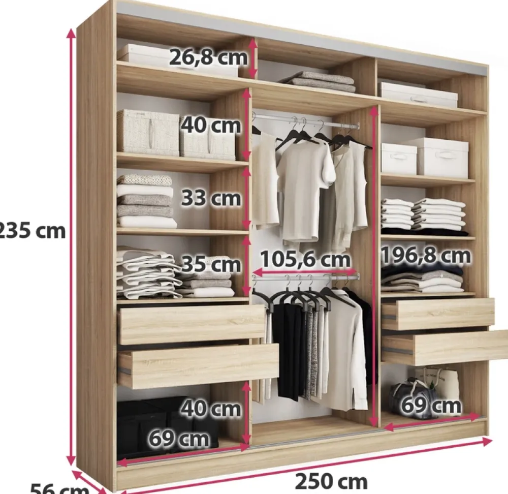 Szafy Trzydrzwiowe|Szafy Do Przedpokoju>BROMARKT Duża szafa przesuwna z lustrem do sypialni 250 cm TOP MAX dąb sonoma