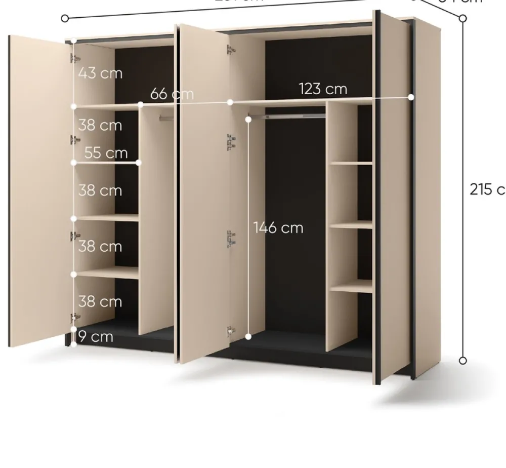 Zestawy Mebli Do Sypialni|Szafy Do Salonu>lenart. Duża szafa uchylna z lustrem 251 cm do sypialni 4 drzwi beżowa z oświetleniem ENNA