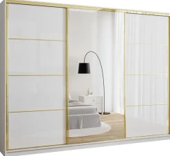 Zestawy Mebli Do Przedpokoju|Szafy Trzydrzwiowe>BROMARKT Duża szafa z lustrem 280 cm GOLD NEW biały połysk