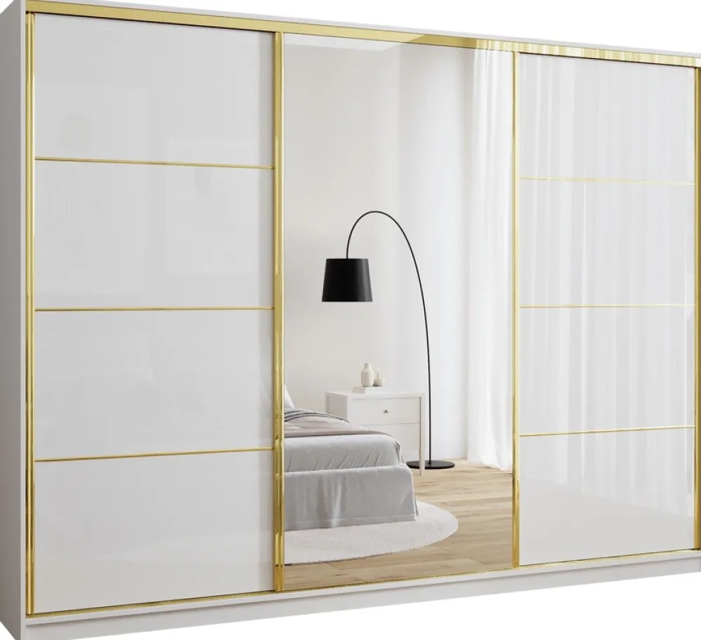 Zestawy Mebli Do Przedpokoju|Szafy Trzydrzwiowe>BROMARKT Duża szafa z lustrem 280 cm GOLD NEW biały połysk