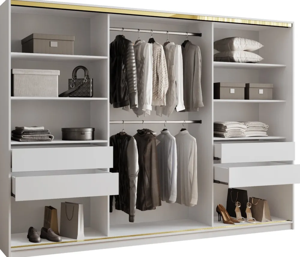 Zestawy Mebli Do Przedpokoju|Szafy Trzydrzwiowe>BROMARKT Duża szafa z lustrem 280 cm GOLD NEW biały połysk