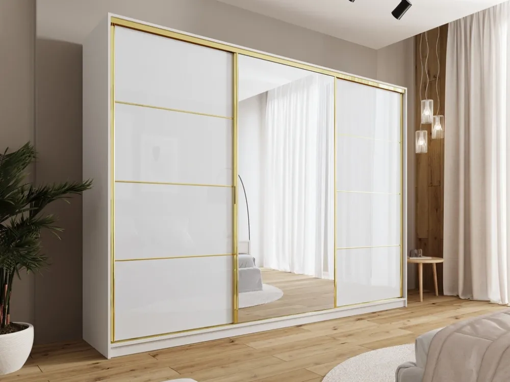 Zestawy Mebli Do Przedpokoju|Szafy Trzydrzwiowe>BROMARKT Duża szafa z lustrem 280 cm GOLD NEW biały połysk
