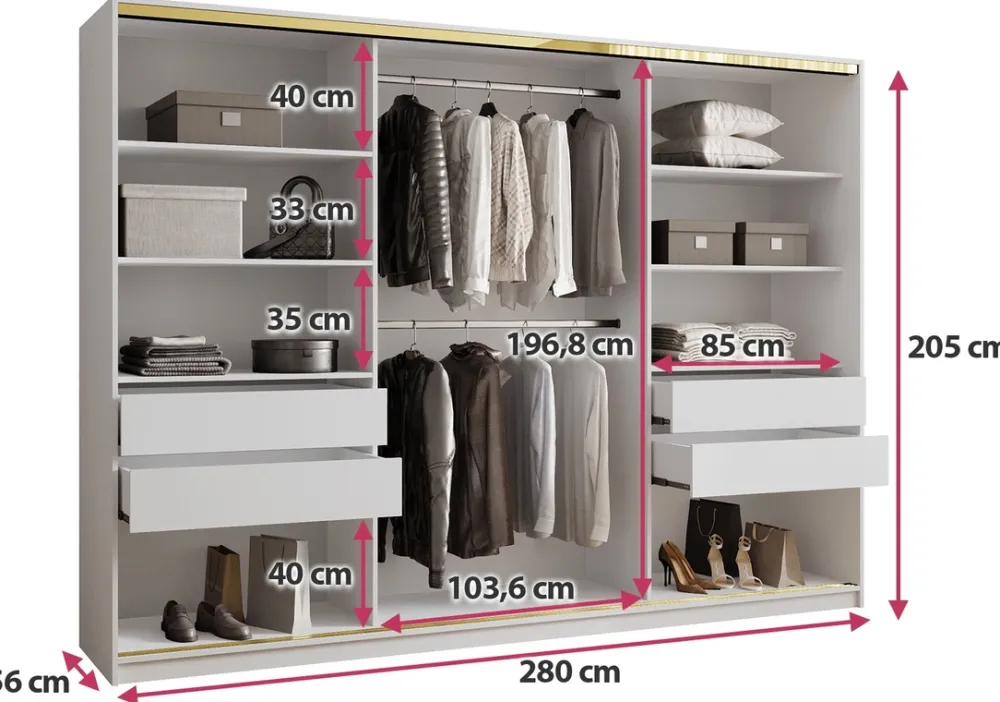 Zestawy Mebli Do Przedpokoju|Szafy Trzydrzwiowe>BROMARKT Duża szafa z lustrem 280 cm GOLD NEW biały połysk