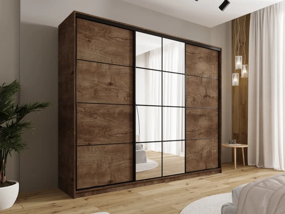 Zestawy Mebli Do Przedpokoju|Szafy Trzydrzwiowe>BROMARKT Duża trzydrzwiowa szafa przesuwna z lustrem 250 cm EDGE dąb lefkas