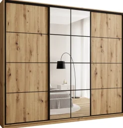 Zestawy Mebli Do Przedpokoju|Szafy Trzydrzwiowe>BROMARKT Duża trzydrzwiowa szafa przesuwna 280 cm z półkami EDGE MAX dąb artisan