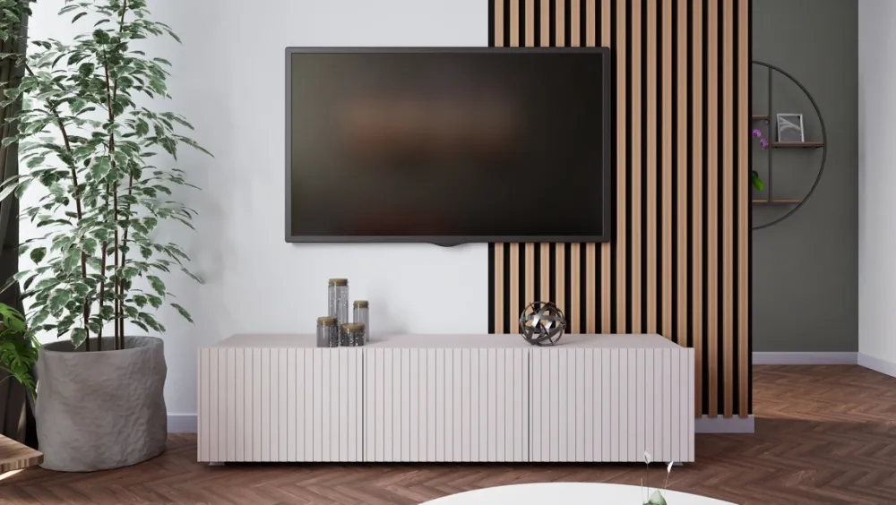 Szafki Rtv>GiB Meble Długa szafka RTV 150 cm nowoczesna z ryflowanymi frontami KORDIS kaszmir