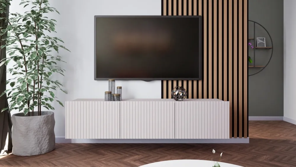 Szafki Rtv>GiB Meble Długa szafka RTV 150 cm nowoczesna z ryflowanymi frontami KORDIS kaszmir