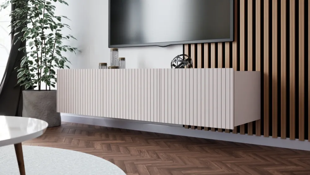 Szafki Rtv>GiB Meble Długa szafka RTV 150 cm nowoczesna z ryflowanymi frontami KORDIS kaszmir