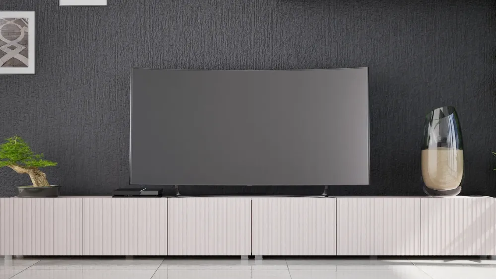 Szafki Rtv>GiB Meble Długa szafka RTV 150 cm nowoczesna z ryflowanymi frontami KORDIS kaszmir