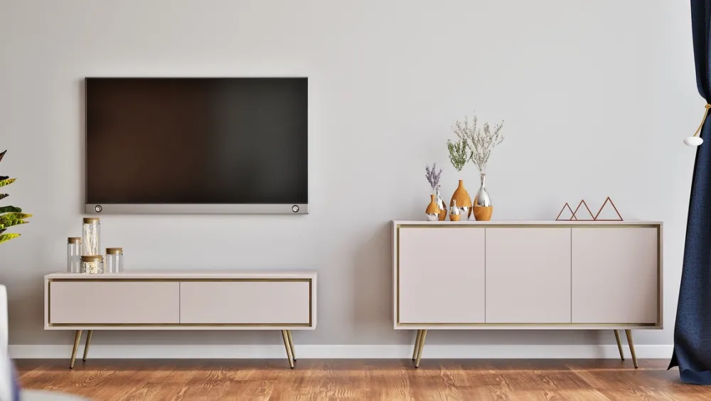 Szafki Rtv>GiB Meble Długa szafka RTV glamour kaszmir 150 cm na wysokich nóżkach TALUS