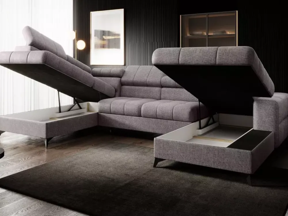 Narożniki>NEXT COLLECTION Duży nowoczesny szary narożnik wolnostojący do salonu z regulowanymi zagłówkami POLA miękki