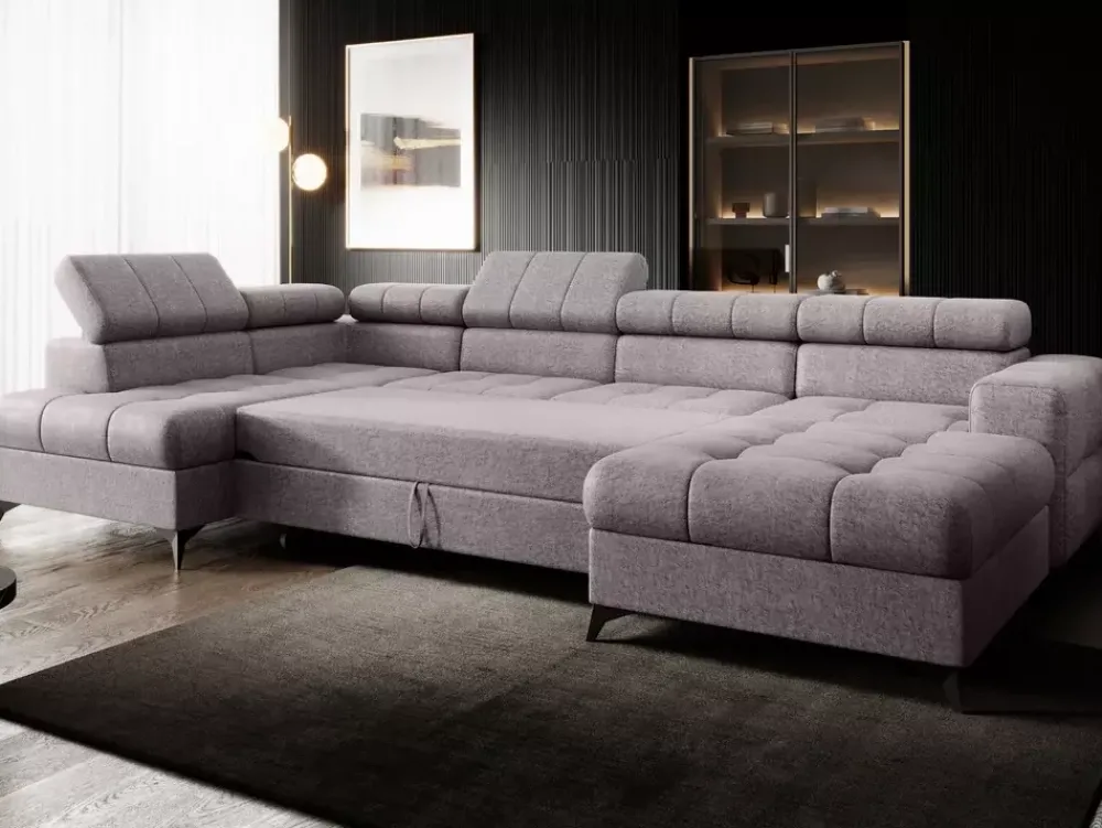 Narożniki>NEXT COLLECTION Duży nowoczesny szary narożnik wolnostojący do salonu z regulowanymi zagłówkami POLA miękki