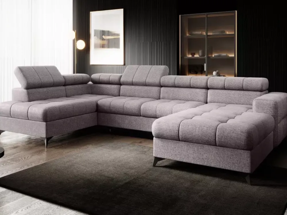 Narożniki>NEXT COLLECTION Duży nowoczesny szary narożnik wolnostojący do salonu z regulowanymi zagłówkami POLA miękki