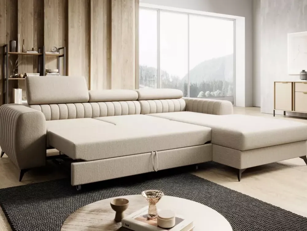 Narożniki>NEXT COLLECTION Duży nowoczesny wolnostojący narożnik salonowy PAULLETTO regulowane zagłówki funkcja spania