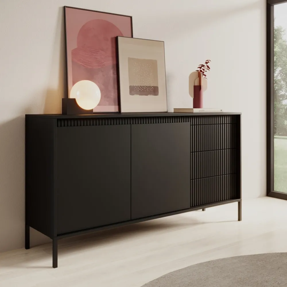 Komody|Zestawy Mebli Do Salonu>LASKI Dwudrzwiowa czarna komoda z szufladami 153,5 cm SAREVO czarny