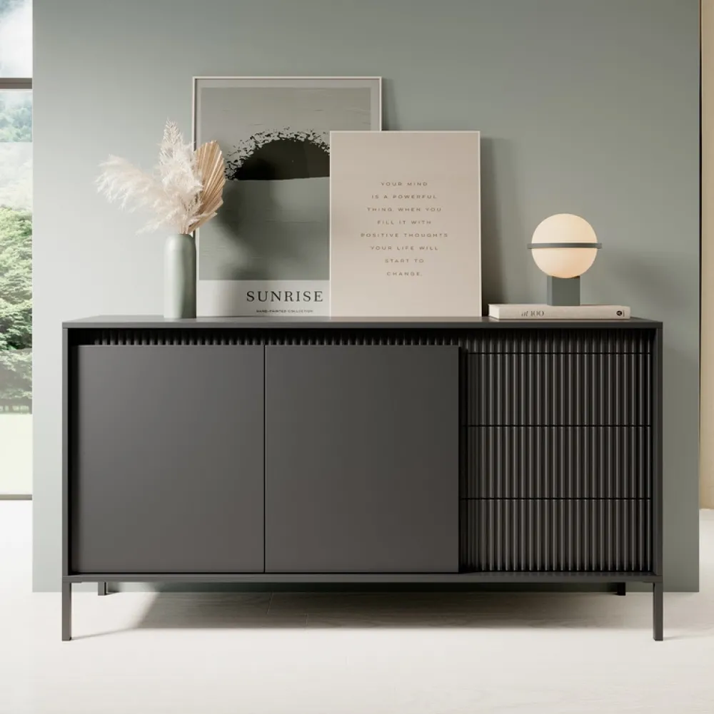 Komody|Zestawy Mebli Do Salonu>LASKI Dwudrzwiowa czarna komoda z szufladami 153,5 cm SAREVO czarny