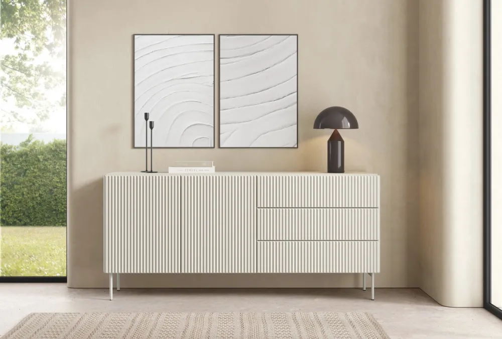 Zestawy Mebli Do Salonu|Komody>LASKI Dwudrzwiowa komoda 180 cm do salonu ryflowane fronty MEZZO kaszmir