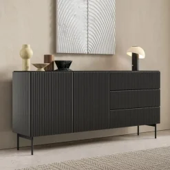Zestawy Mebli Do Salonu|Komody>LASKI Dwudrzwiowa komoda 180 cm do salonu ryflowane fronty kaszmir MEZZO czarny
