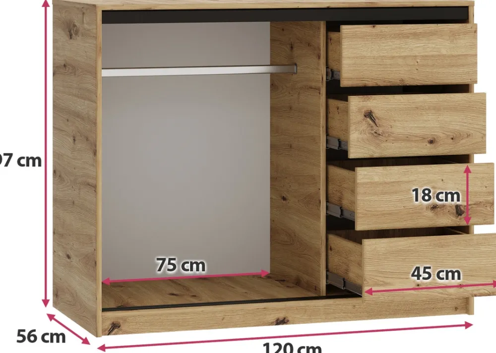Komody>BROMARKT Dwudrzwiowa komoda przesuwna 120 cm z szufladami LOFT dąb artisan