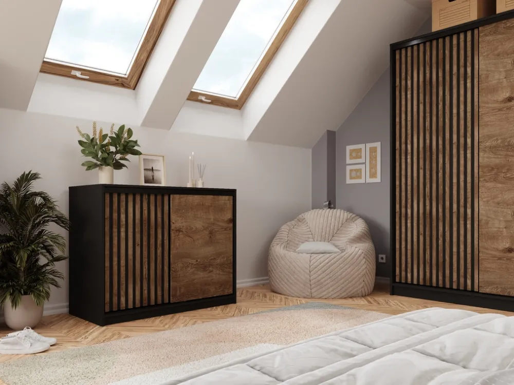 Komody>BROMARKT Dwudrzwiowa komoda przesuwna z lamelami i szufladami 120 cm LOFT