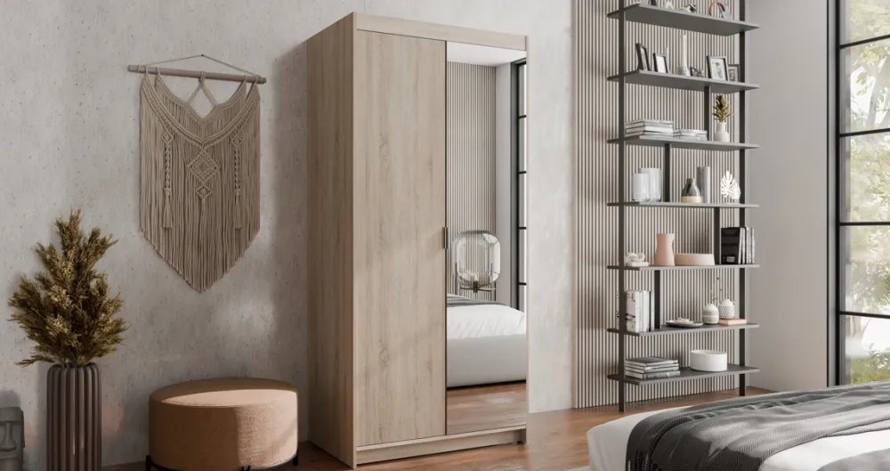 Zestawy Mebli Do Przedpokoju|Szafy Modułowe>Lempert Dwudrzwiowa modułowa szafa z lustrem i półkami 90 cm KUBA dąb sonoma