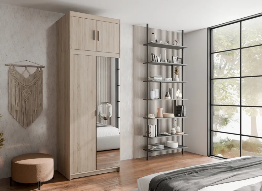 Zestawy Mebli Do Przedpokoju|Szafy Modułowe>Lempert Dwudrzwiowa modułowa szafa z lustrem i półkami 90 cm KUBA dąb sonoma