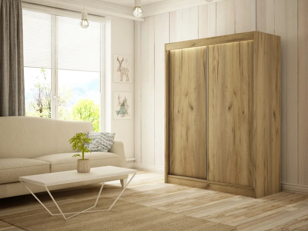 Zestawy Mebli Do Przedpokoju|Szafy Dwudrzwiowe>Arton Dwudrzwiowa szafa przesuwna do sypialni 150 cm BRANDON dąb craft złoty