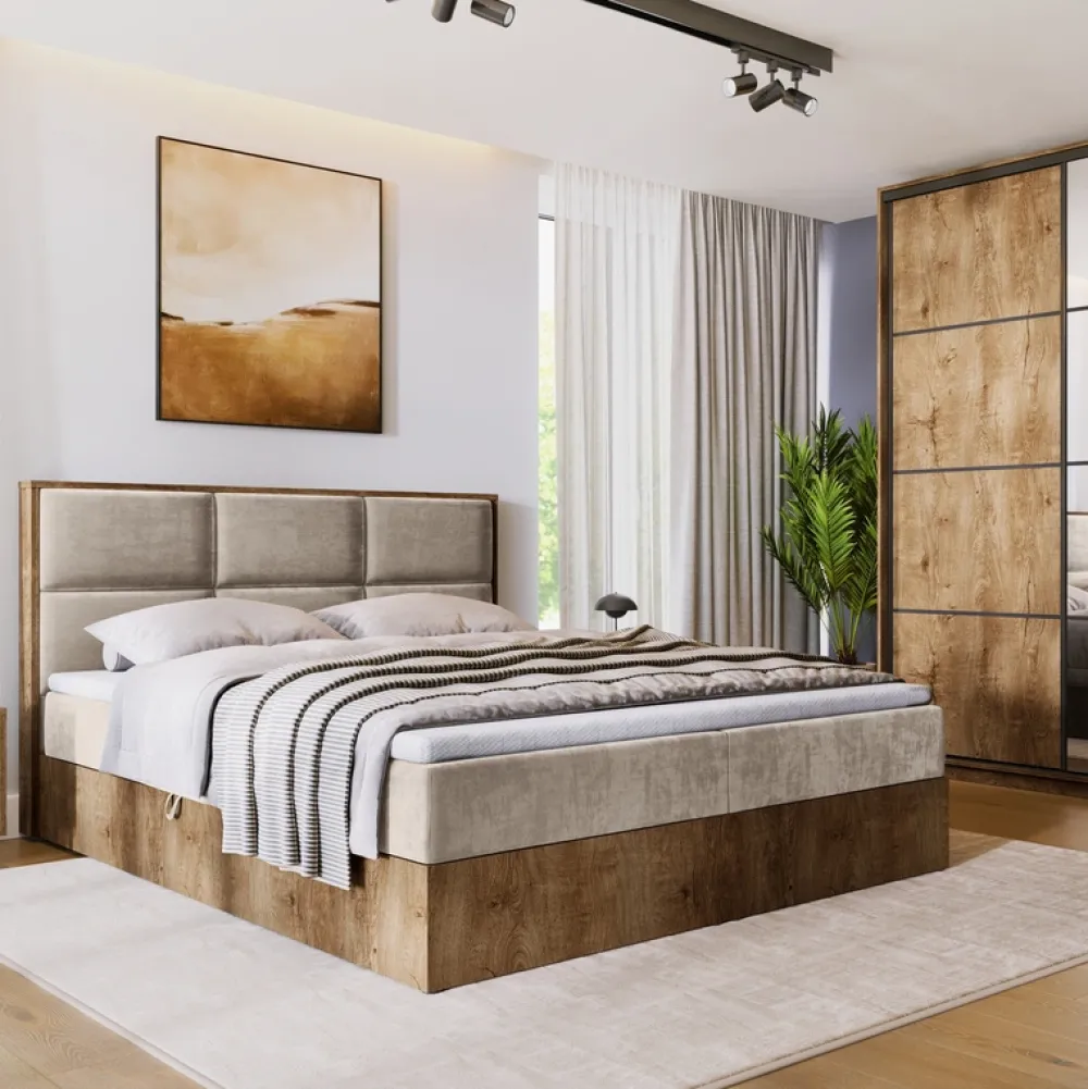 Meble Młodzieżowe|Łóżka Młodzieżowe>BROMARKT Dwuosobowe łóżko kontynentalne 140x200 cm z pojemnikiem LOFT dąb lefkas