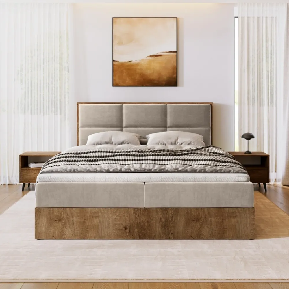 Meble Młodzieżowe|Łóżka Młodzieżowe>BROMARKT Dwuosobowe łóżko kontynentalne 140x200 cm z pojemnikiem LOFT dąb lefkas