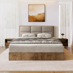 Łóżka Małżeńskie|Łóżka Ze Stelażem></noscript>BROMARKT Dwuosobowe łóżko kontynentalne 180x200 cm z pojemnikiem na pościel LOFT dąb lefkas