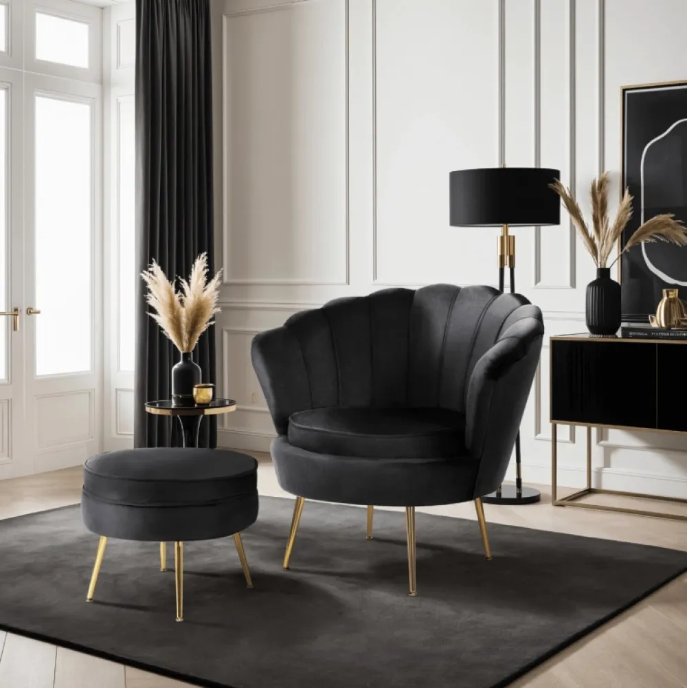 Fotele>MEBEL ELITE Fotel wypoczynkowy z podnóżkiem GISANO do salonu czarny welur
