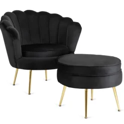 Fotele>MEBEL ELITE Fotel wypoczynkowy z podnóżkiem GISANO do salonu czarny welur