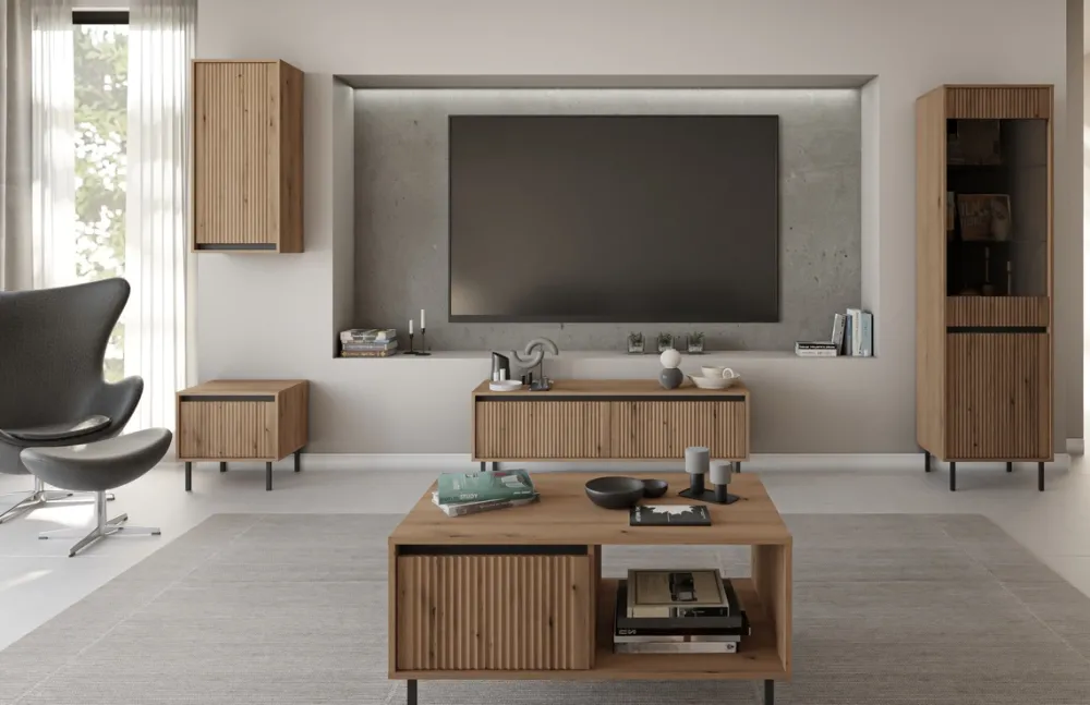 Zestawy Mebli Do Salonu|Szafki Rtv>Lempert Frezowana szafka RTV do salonu z szufladami 140 cm OMEGA