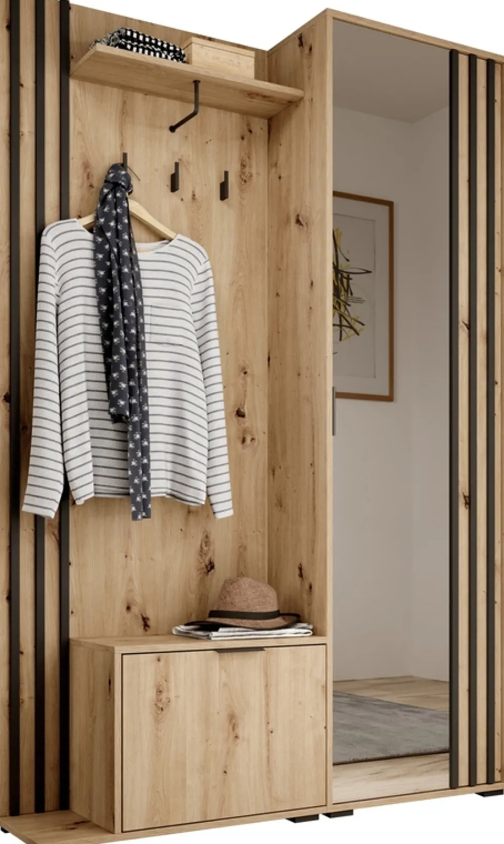 Garderoby|Zestawy Mebli Do Przedpokoju>PIASKI Garderoba do przedpokoju z lustrem i wieszakami KELLY dąb artisan