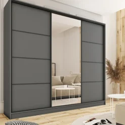 Szafy Trzydrzwiowe|Szafy Do Przedpokoju></noscript>BROMARKT owa duża szafa przesuwna z lustrem 280 cm LOFT MAX grafit