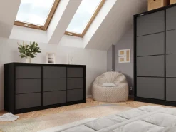 Komody></noscript>BROMARKT Grafitowa komoda przesuwna do sypialni z szufladami 180 cm LOFT