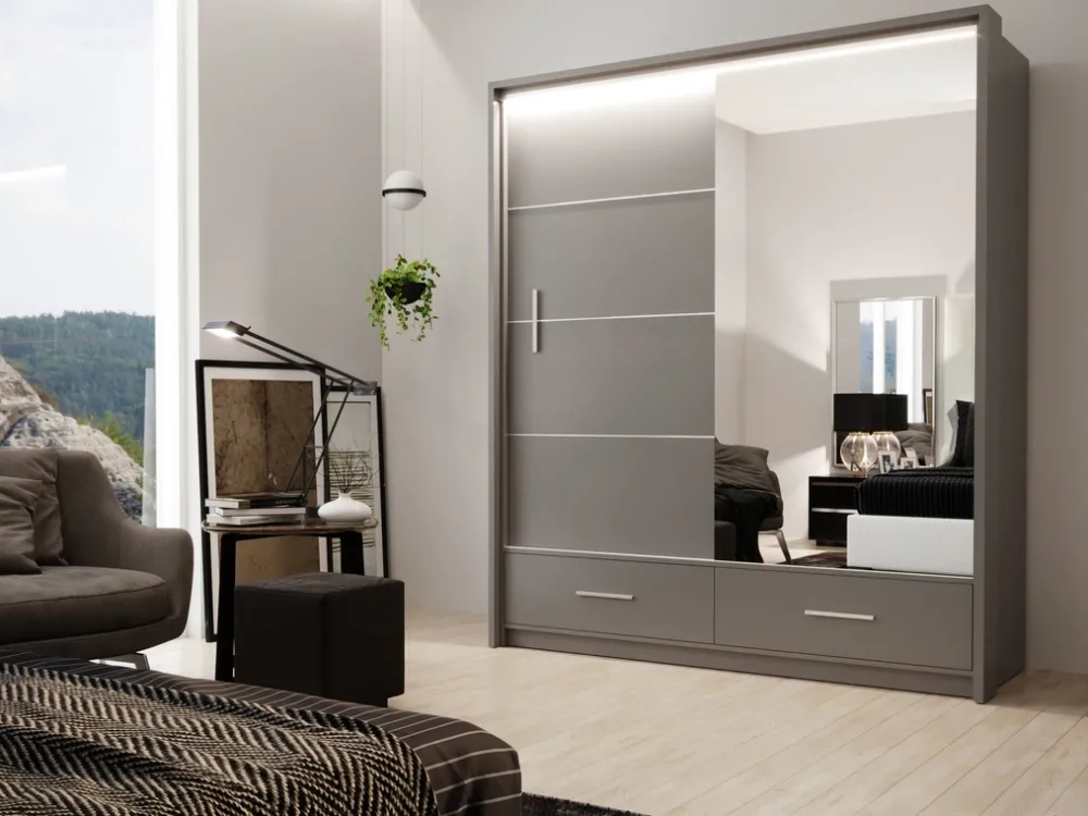 Szafy Dwudrzwiowe|Szafy Z Lustrem>Stolar owa szafa przesuwna 208 cm z lustrem i półkami MESTRE grafit