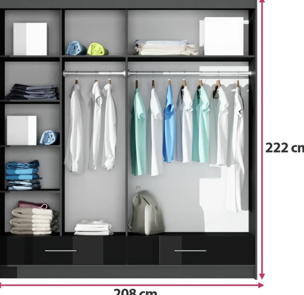 Szafy Dwudrzwiowe|Szafy Z Lustrem>Stolar owa szafa przesuwna 208 cm z lustrem i półkami MESTRE grafit