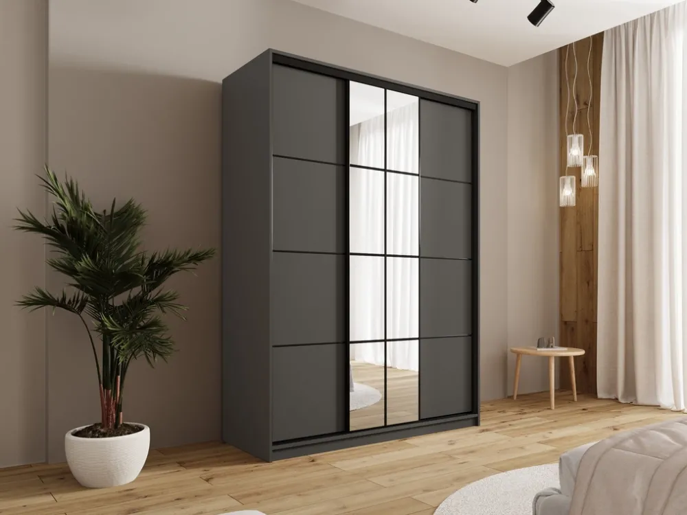 Szafy Trzydrzwiowe|Szafy Do Przedpokoju>BROMARKT owa szafa przesuwna z lustrem 150 cm do sypialni EDGE grafit