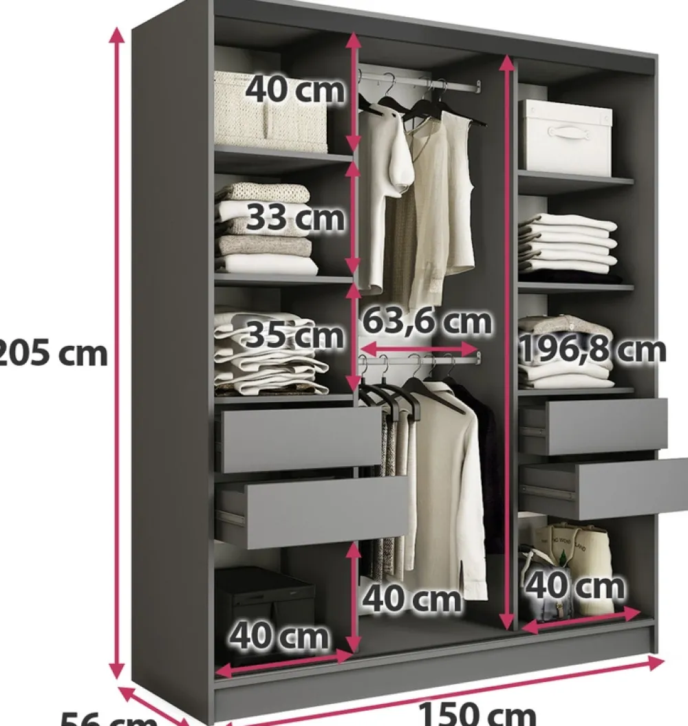 Szafy Trzydrzwiowe|Szafy Do Przedpokoju>BROMARKT owa szafa przesuwna z lustrem 150 cm do sypialni EDGE grafit