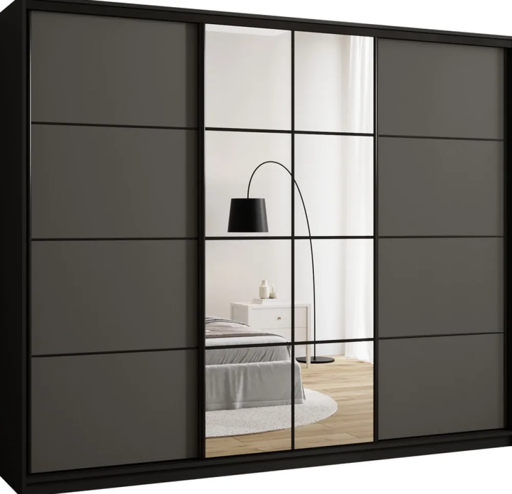 Zestawy Mebli Do Przedpokoju|Szafy Trzydrzwiowe>BROMARKT Grafitowa szafa przesuwna z lustrem 250 cm do sypialni EDGE