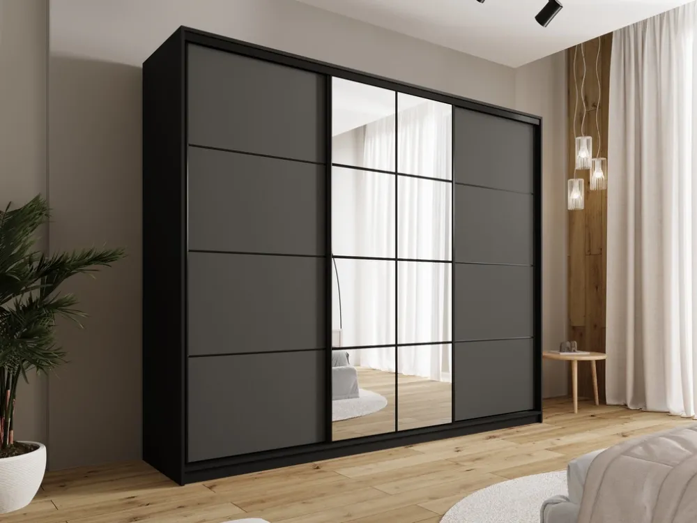 Zestawy Mebli Do Przedpokoju|Szafy Trzydrzwiowe>BROMARKT Grafitowa szafa przesuwna z lustrem 250 cm do sypialni EDGE