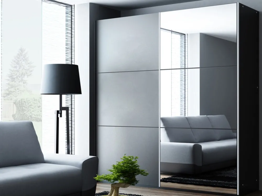 Szafy Dwudrzwiowe|Szafy Z Lustrem>Stolar owa szafa przesuwna z lustrem i półkami 200 cm VASCO grafit