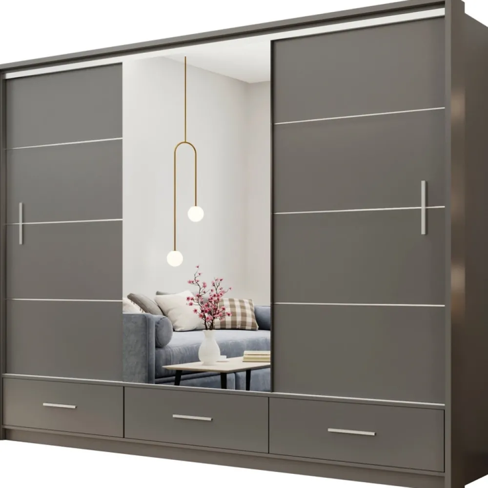Szafy Trzydrzwiowe|Szafy Z Lustrem>Stolar owa szafa przesuwna 250 cm z lustrem i półkami MESTRE grafit