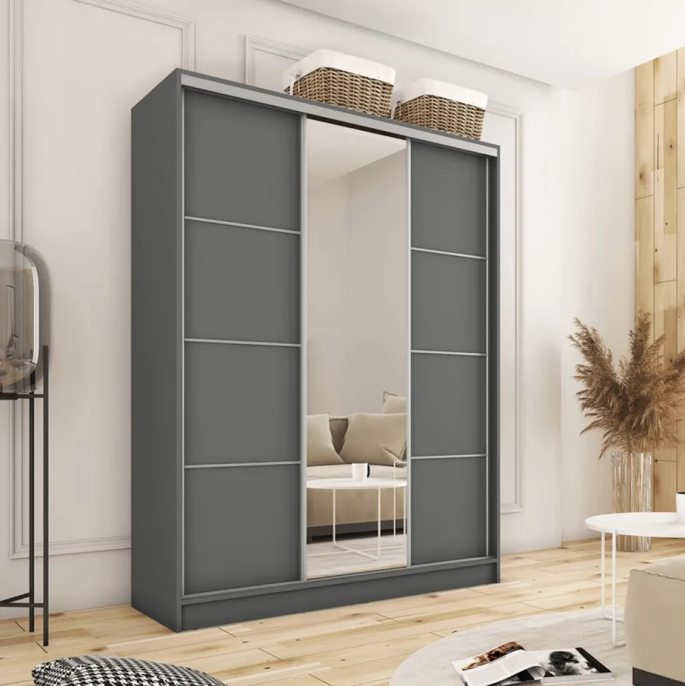 Szafy Trzydrzwiowe|Szafy Do Salonu>BROMARKT owa szafa przesuwna z lustrem 150 cm TOP MAX grafit