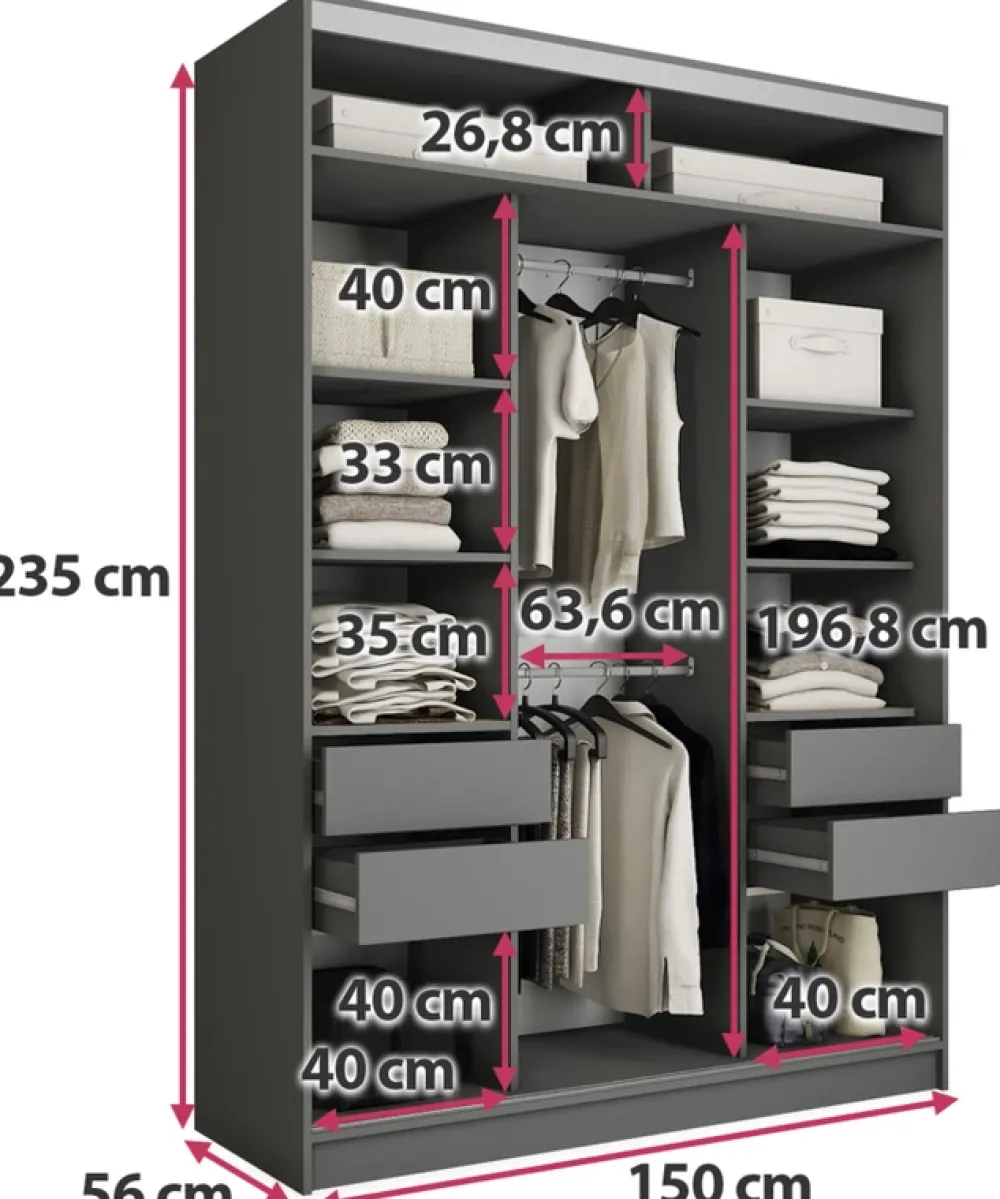 Szafy Trzydrzwiowe|Szafy Do Salonu>BROMARKT owa szafa przesuwna z lustrem 150 cm TOP MAX grafit