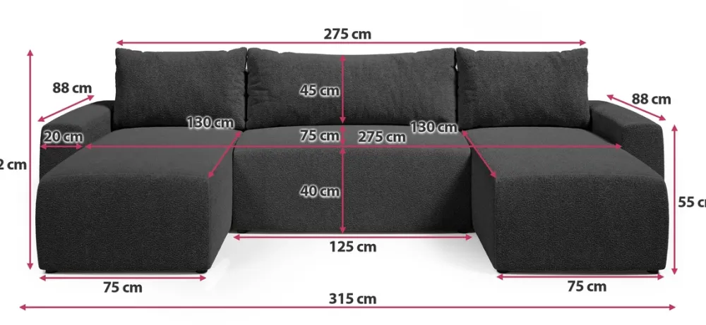 Narożniki>BROMARKT Grafitowy narożnik do salonu z funkcją spania PLUSH U boucle