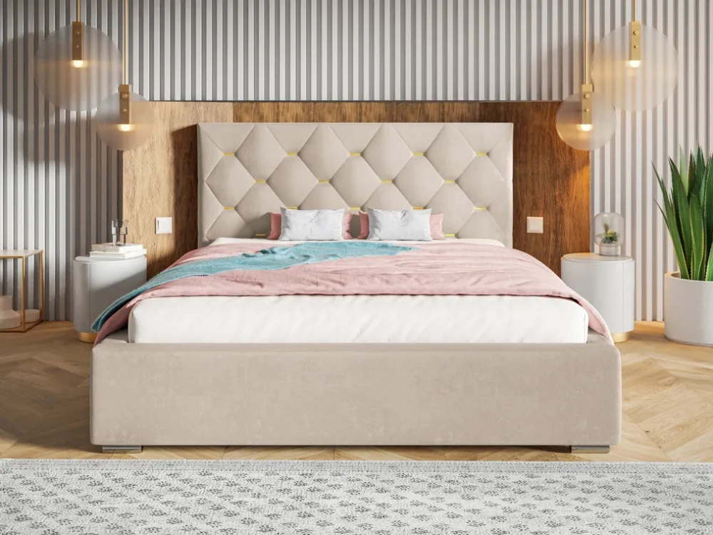 Łóżka Z Zagłówkiem|Łóżka Beżowe>Riban Granatowe łóżko 200x200 cm z pojemnikiem oparciem VIVID